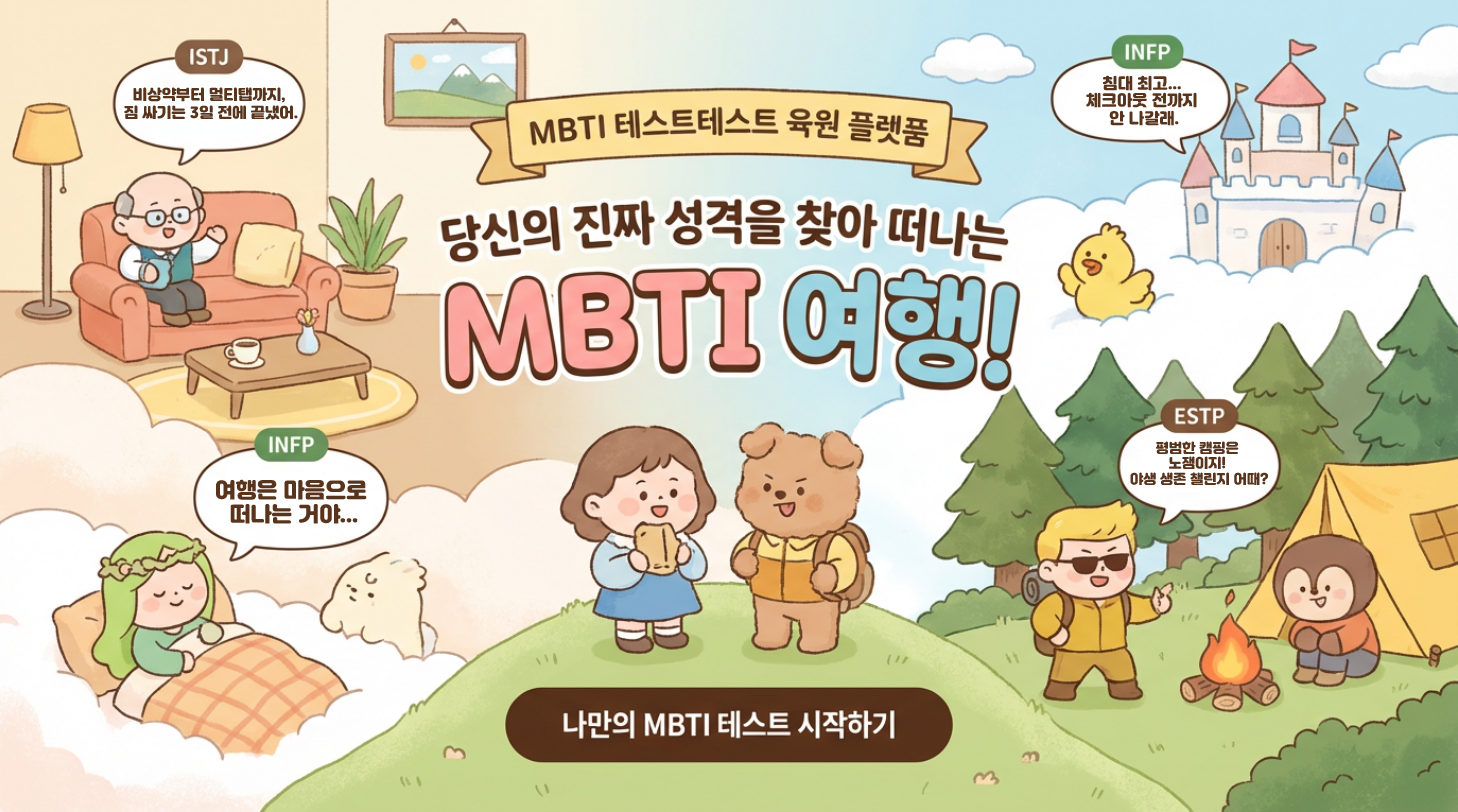 집, 숲, 캠프 배경에 다양한 MBTI 캐릭터들이 모여 있는 일러스트